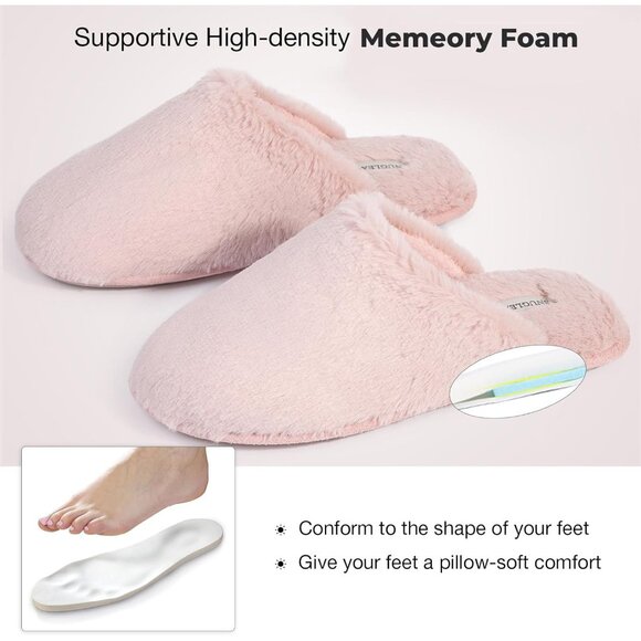 ⚡Women's Pink Fuzzy Scuff Slippers Soft Comfy Memory Foam Non Slip House Shoes - Picture 5 of 6
